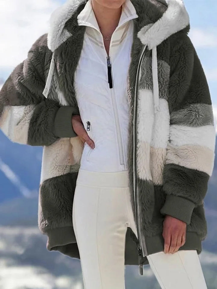 Autumn and Winter Loose Plush Multicolor Hooded Jacket