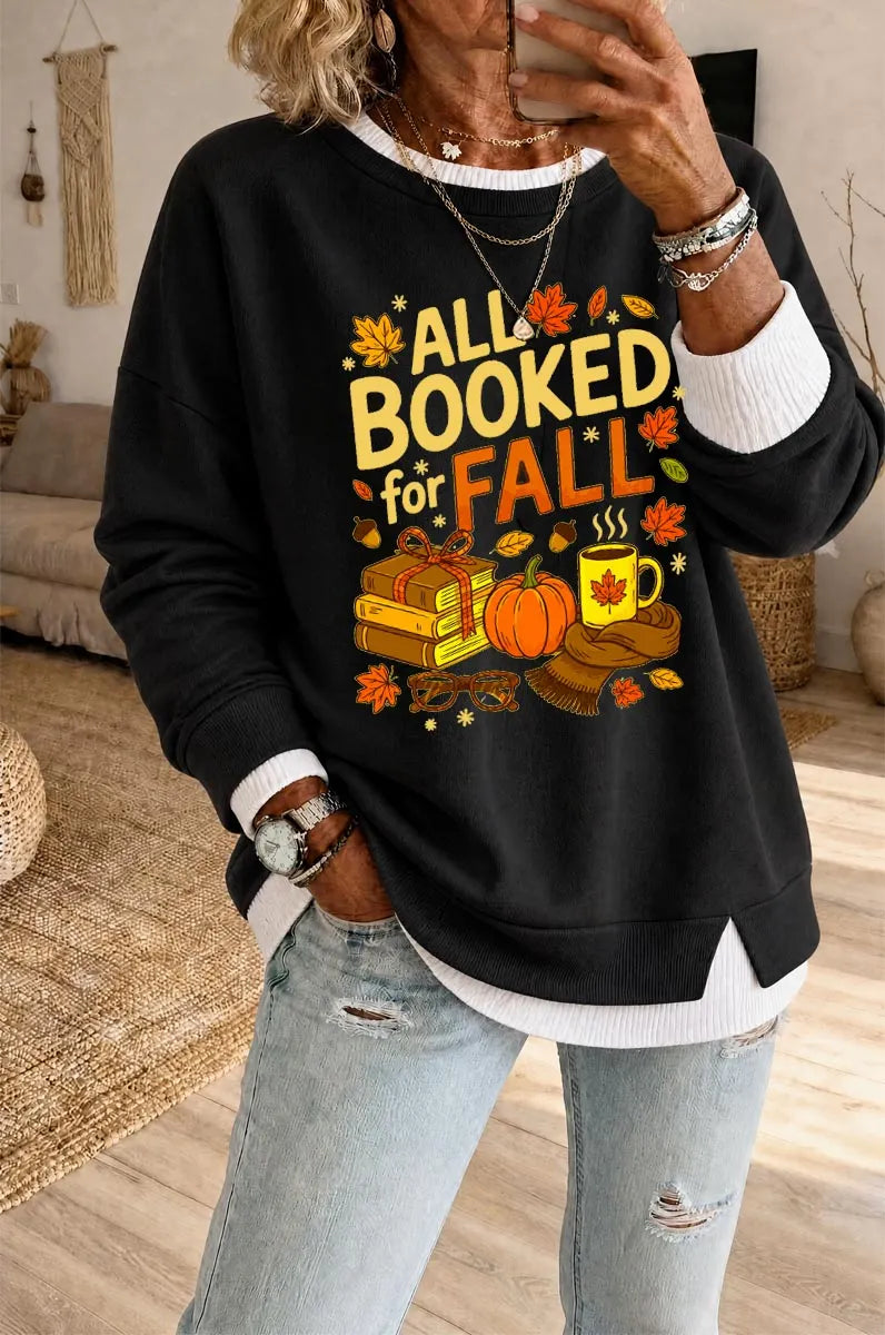 Women's All Booked For Fall Pattern Fake Two Piece Layered Sweatshirt