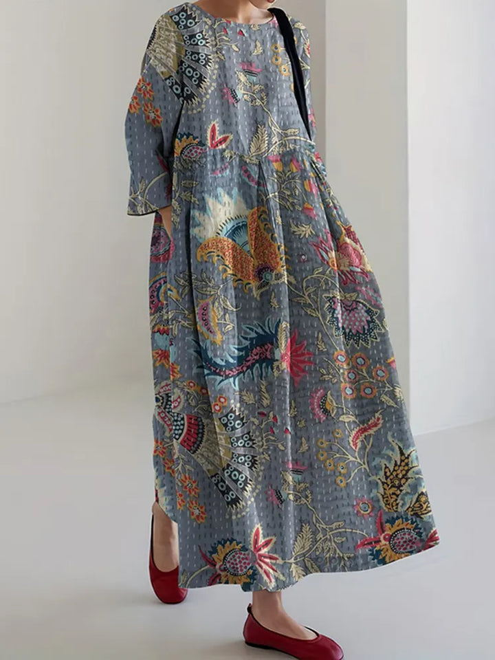 Vintage Japanese Art Flower Print Midi Dress