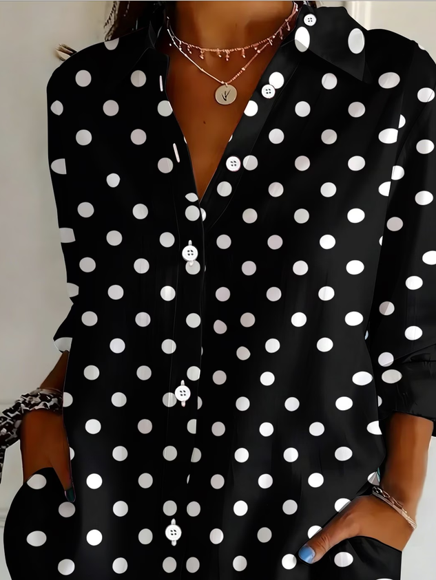 Shirt Collar Regular Sleeve Long Sleeve Polka Dots Buckle Regular Loose Button Up Shirt Shirt For Women