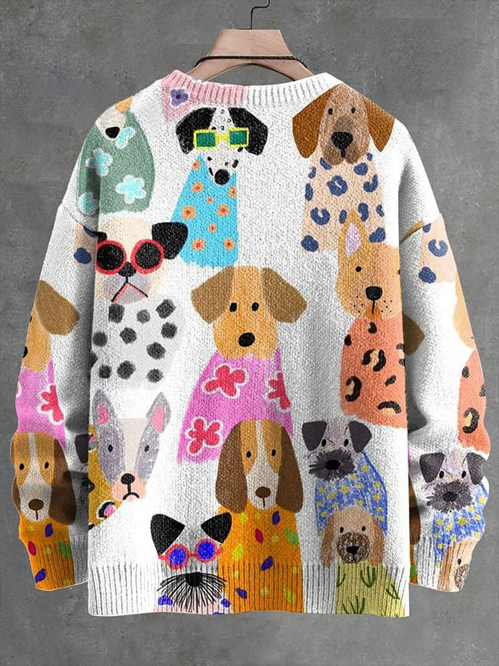 Men's V-neck Women's Colorful Fun Cartoon Puppy Print Long Sleeve Sweater