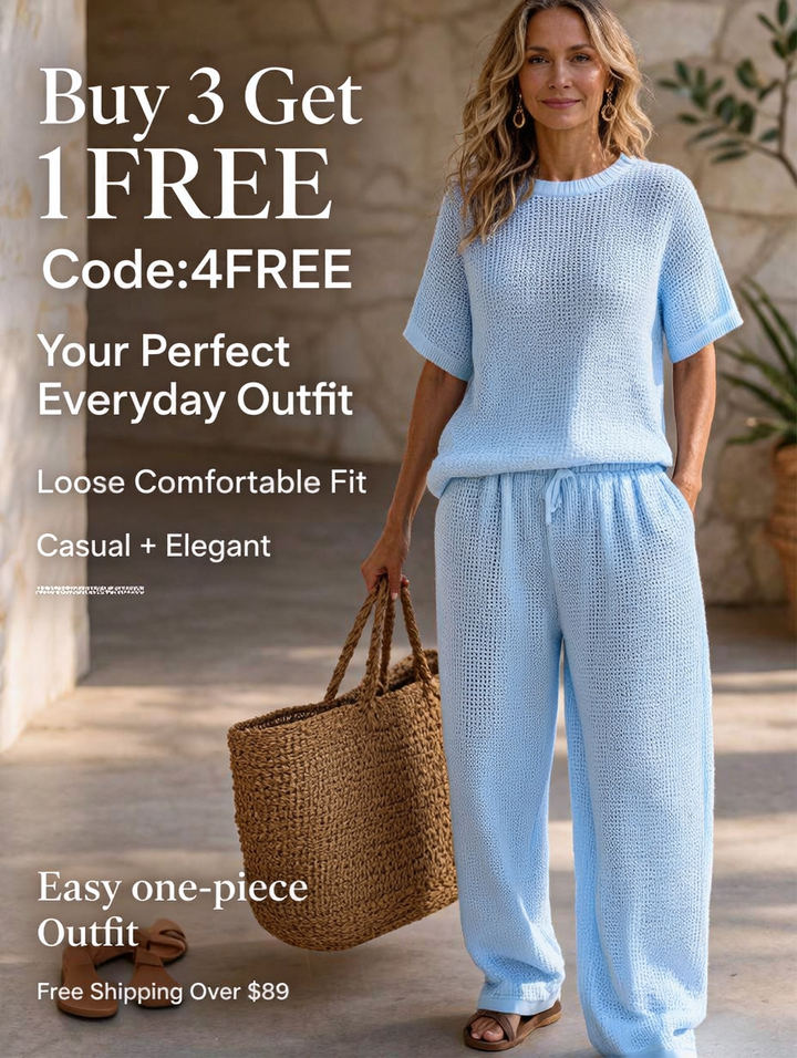 Womens Breathable Waffle Texture Short Sleeve Top And Wide Leg Pants Two Piece Set