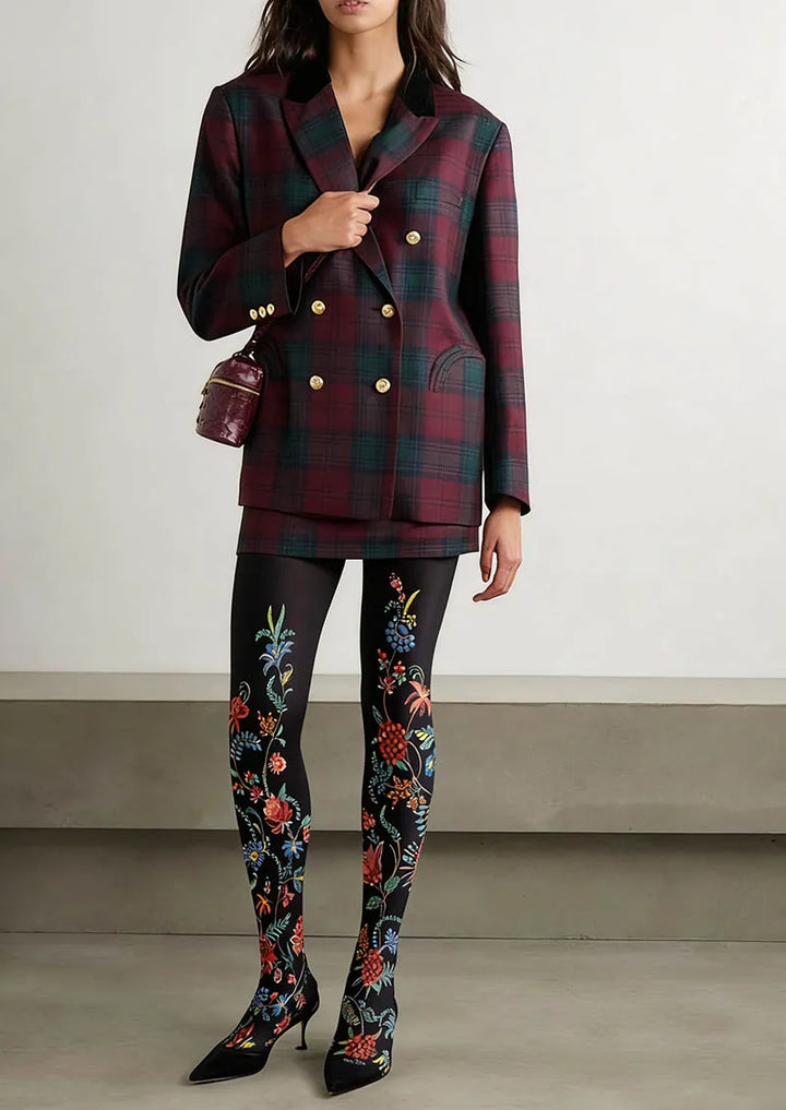 Women Exotic Floral Black Tights Hosiery Pantyhose