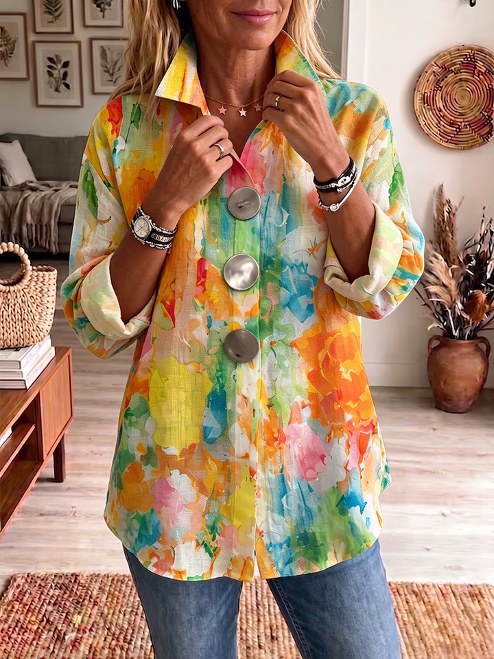 Artistic Watercolor Palette Print Metal-button Casual Retro Shirt