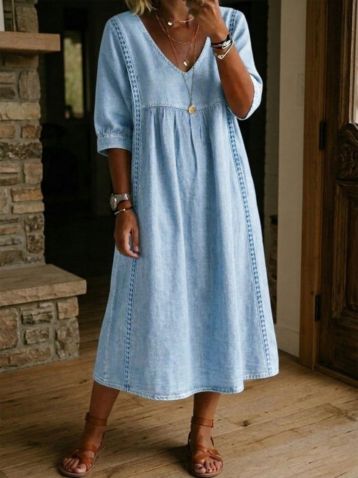 Women¡¯s Lace Trim Denim Dress ¨C Casual Loose Fit Vintage Denim Dress