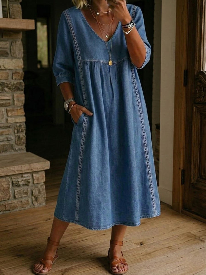 Women¡¯s Lace Trim Denim Dress ¨C Casual Loose Fit Vintage Denim Dress
