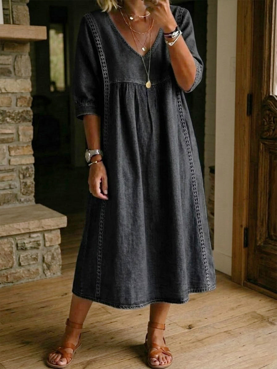 Women¡¯s Lace Trim Denim Dress ¨C Casual Loose Fit Vintage Denim Dress