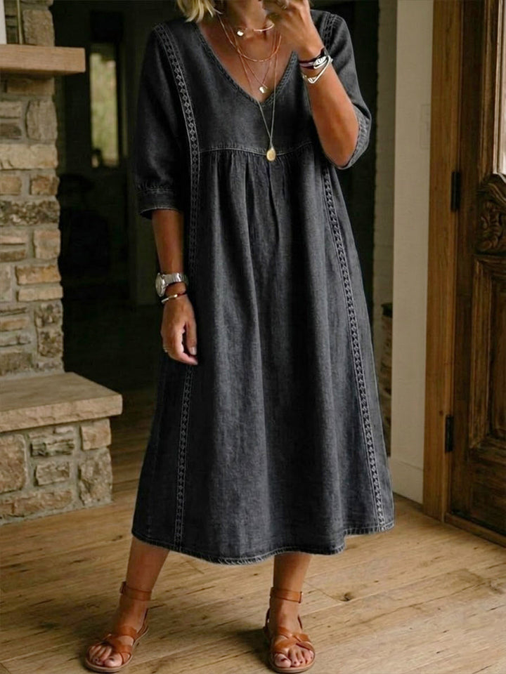 Women¡¯s Lace Trim Denim Dress ¨C Casual Loose Fit Vintage Denim Dress