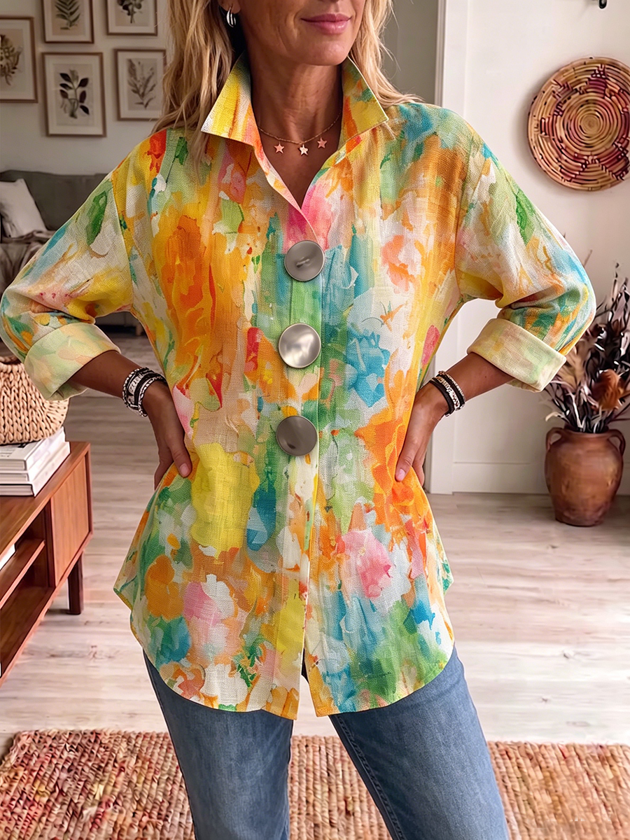 Artistic Watercolor Palette Print Metal-button Casual Retro Shirt