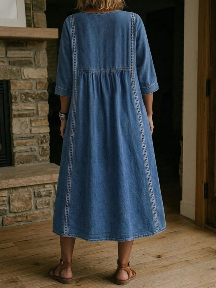 Women¡¯s Lace Trim Denim Dress ¨C Casual Loose Fit Vintage Denim Dress