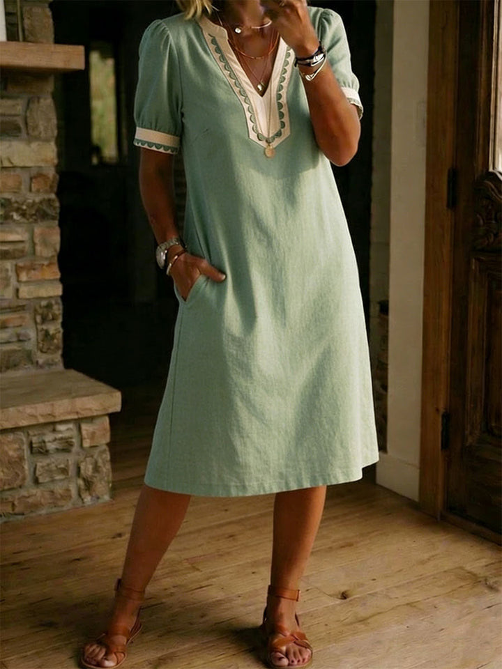 Casual Loose-fitting Patchwork Lace Trim Linen And Cotton Short-sleeved Dress