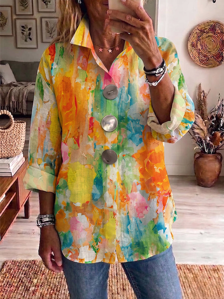 Artistic Watercolor Palette Print Metal-button Casual Retro Shirt