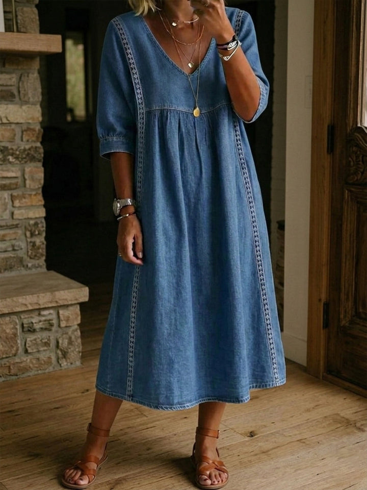 Women¡¯s Lace Trim Denim Dress ¨C Casual Loose Fit Vintage Denim Dress