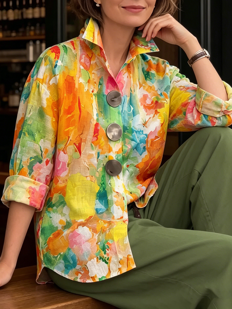 Artistic Watercolor Palette Print Metal-button Casual Retro Shirt