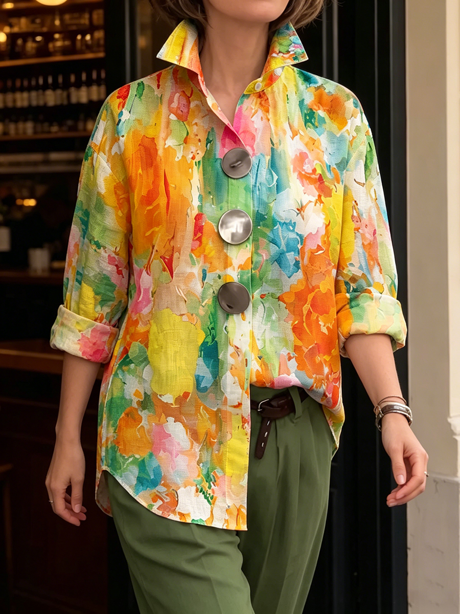 Artistic Watercolor Palette Print Metal-button Casual Retro Shirt
