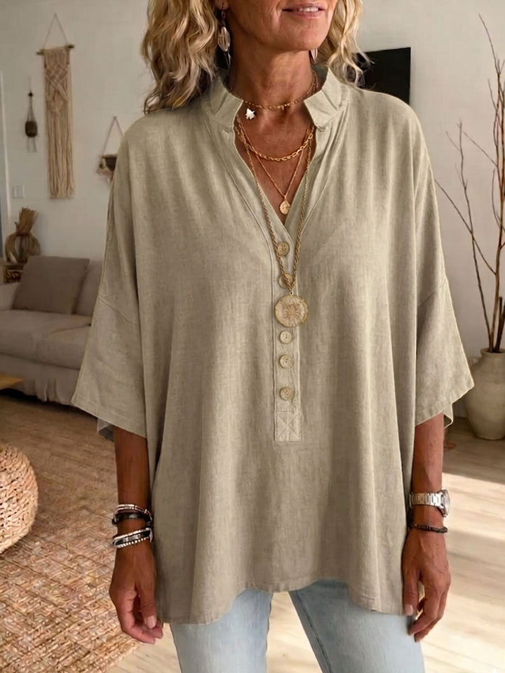 Women's Solid-color V-neck Short sleeve Casual Loose Cotton-linen Top