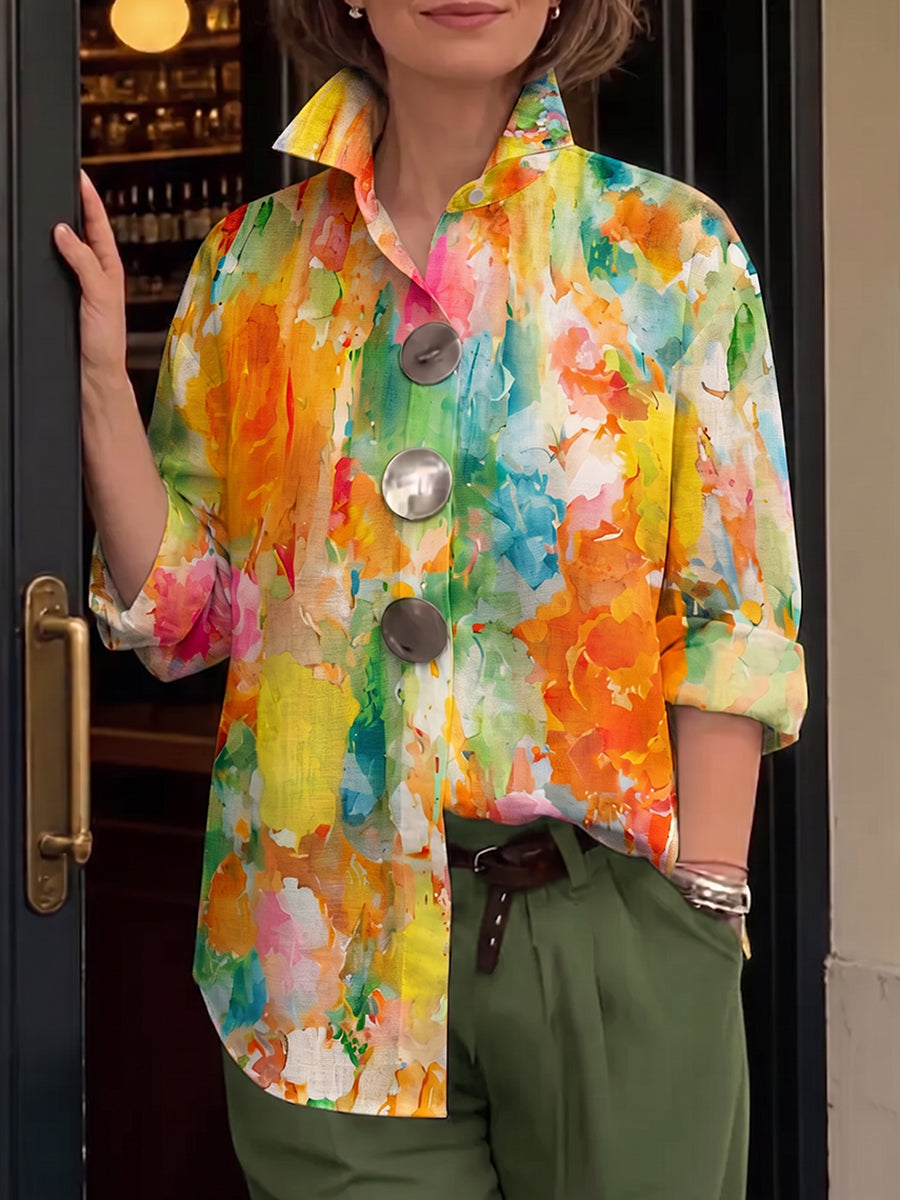 Artistic Watercolor Palette Print Metal-button Casual Retro Shirt