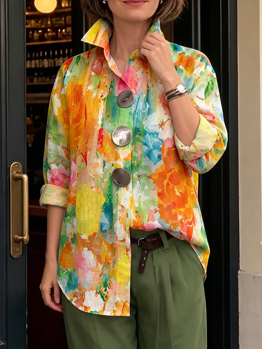 Artistic Watercolor Palette Print Metal-button Casual Retro Shirt