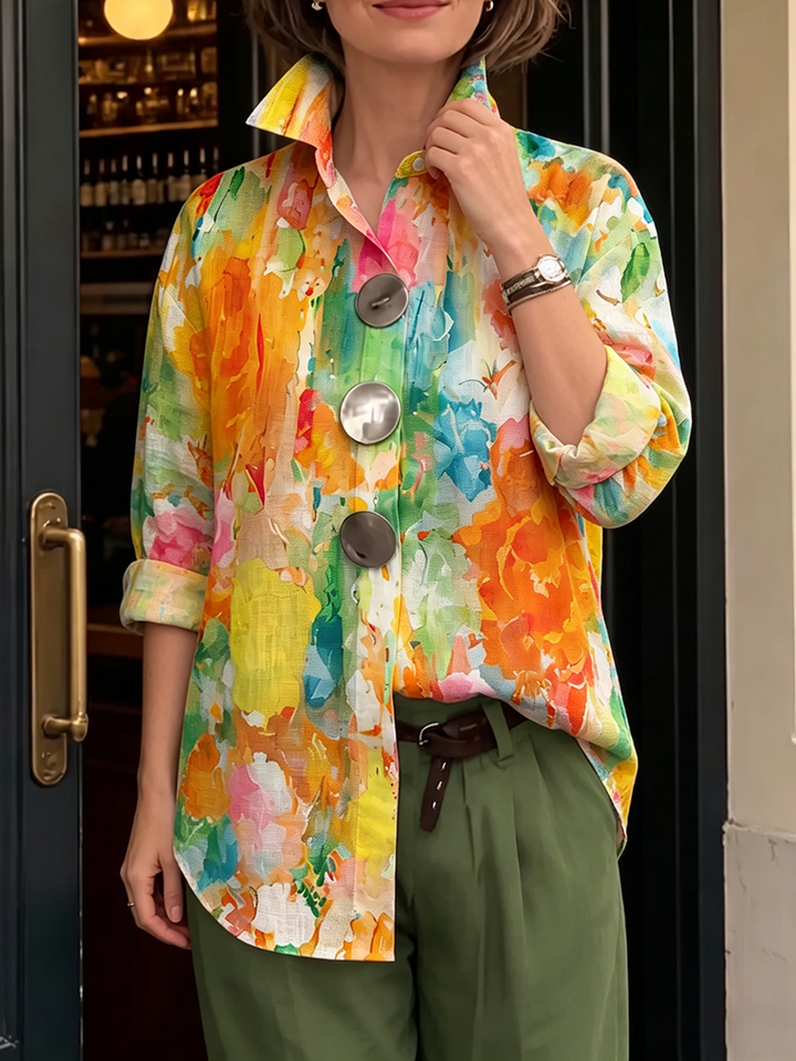 Artistic Watercolor Palette Print Metal-button Casual Retro Shirt