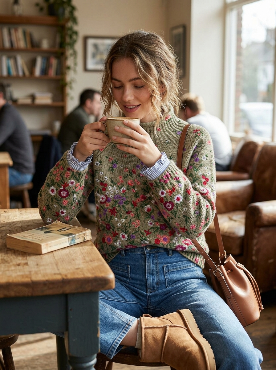 Vintage Lovely Floral Art Print Knit Turtleneck Pullover Sweater